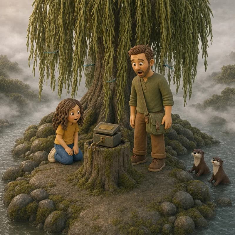 The music box playing on the stump as two otters pop up from the misty river like corks, dragonflies hanging in the air and Dad forgetting to shut his mouth beside Lena, claymation illustration