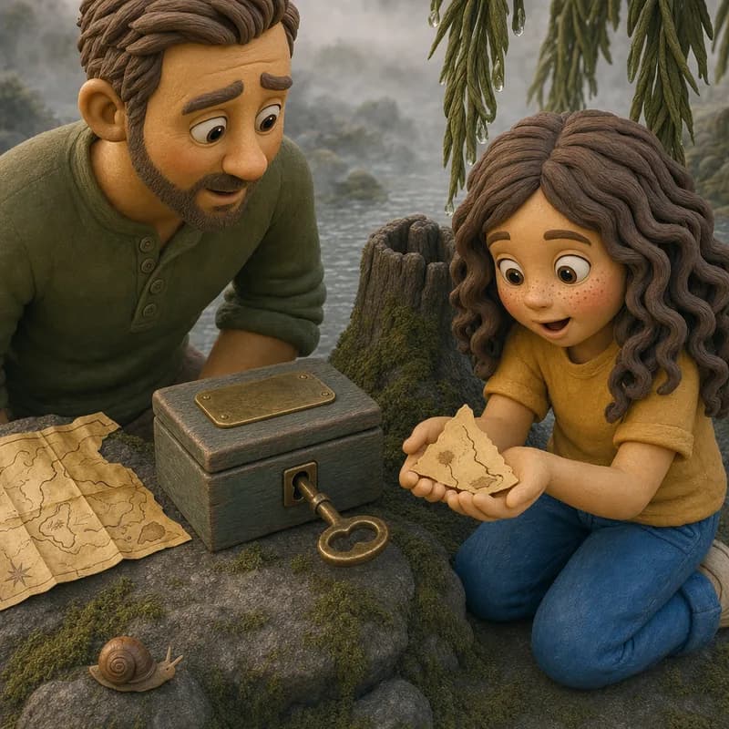 Close-up of Lena cradling the soft torn paper corner in both hands while Dad reads it over her shoulder, the key still in the music box beside the old map, a snail inching past, claymation illustration