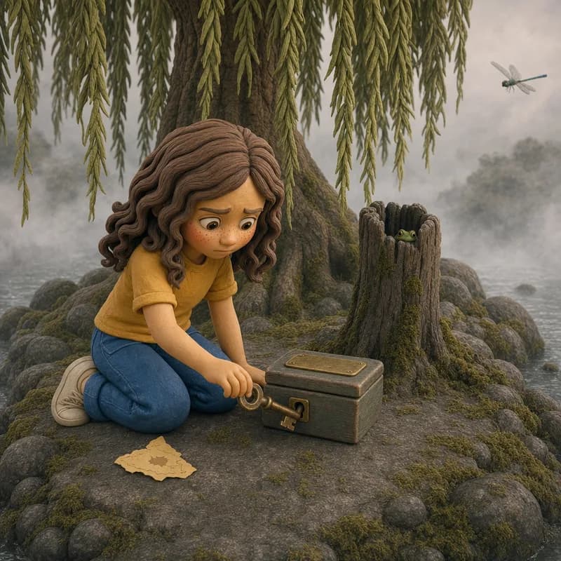 Lena gently trying the key one last time as the tune winds down, kneeling alone by the quiet box on the misty island, the torn paper corner on the moss beside her, claymation illustration