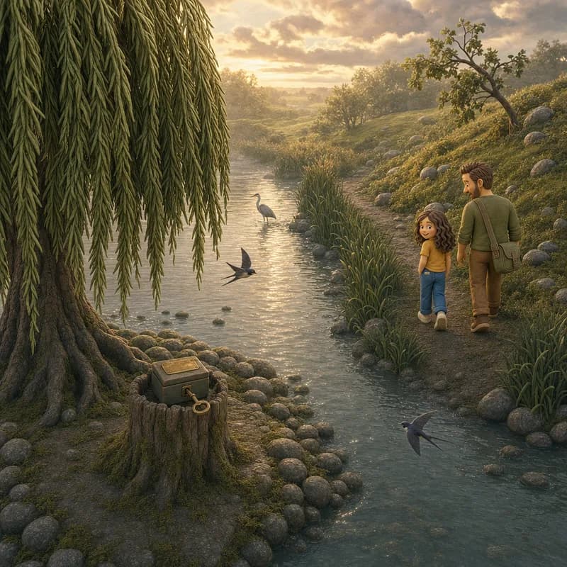 Lena and Dad walking home along the golden evening riverbank, the music box and key left resting on the island stump under the willow behind them, swallows skimming the water, claymation illustration