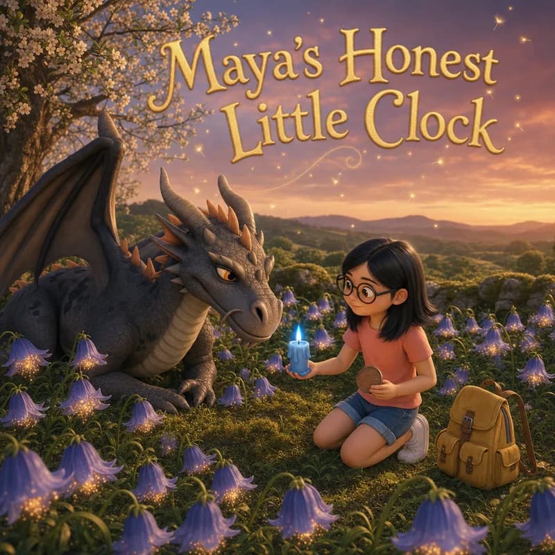 Cover illustration of Maya kneeling with the blue candle and copper coin among glowing nightbells beside Marigold the dragon under a blossoming tree at dusk, 3D-animated illustration