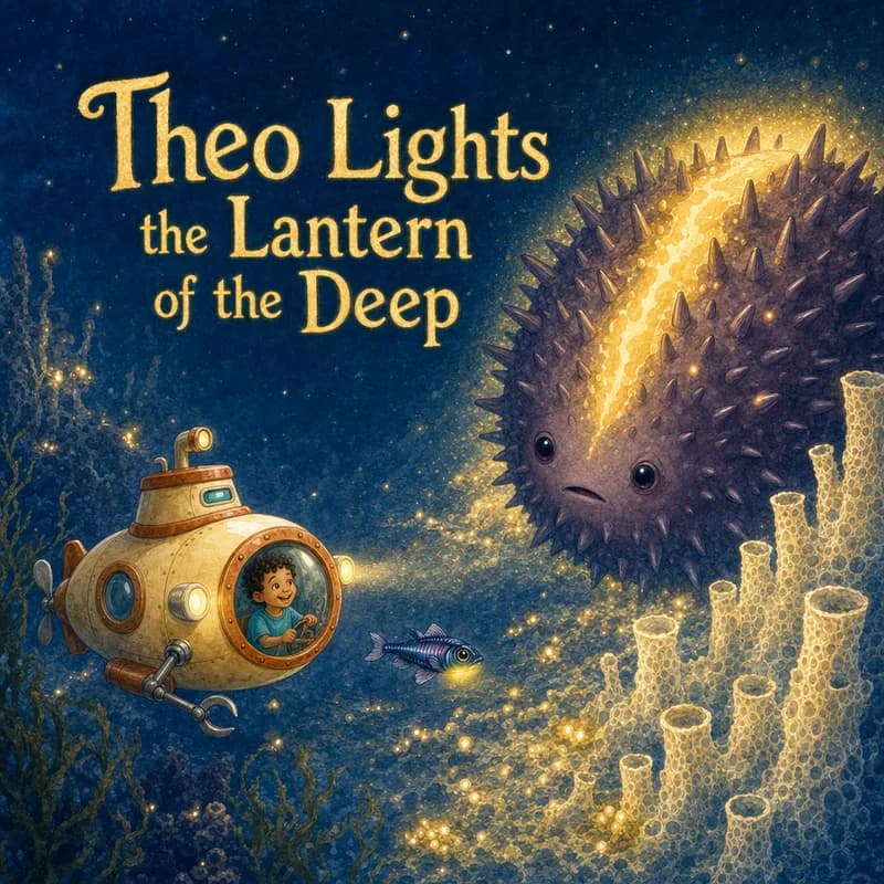 Cover illustration of Theo in his little yellow submarine Peanut meeting Sprat the lanternfish as the great spiny Lantern of the Deep glows gold above pale sponge towers, watercolor illustration