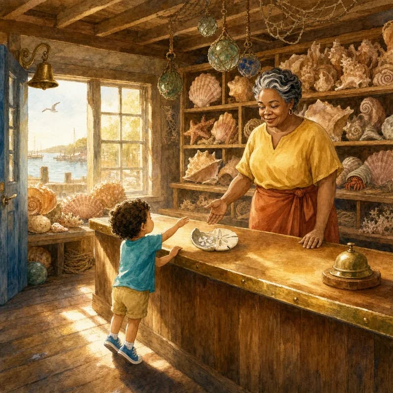 Theo reaching up to the shell-shop counter as Mrs. Okoye shows him the sand dollar broken neatly in half, shelves of shells and the harbour outside the window, watercolor illustration