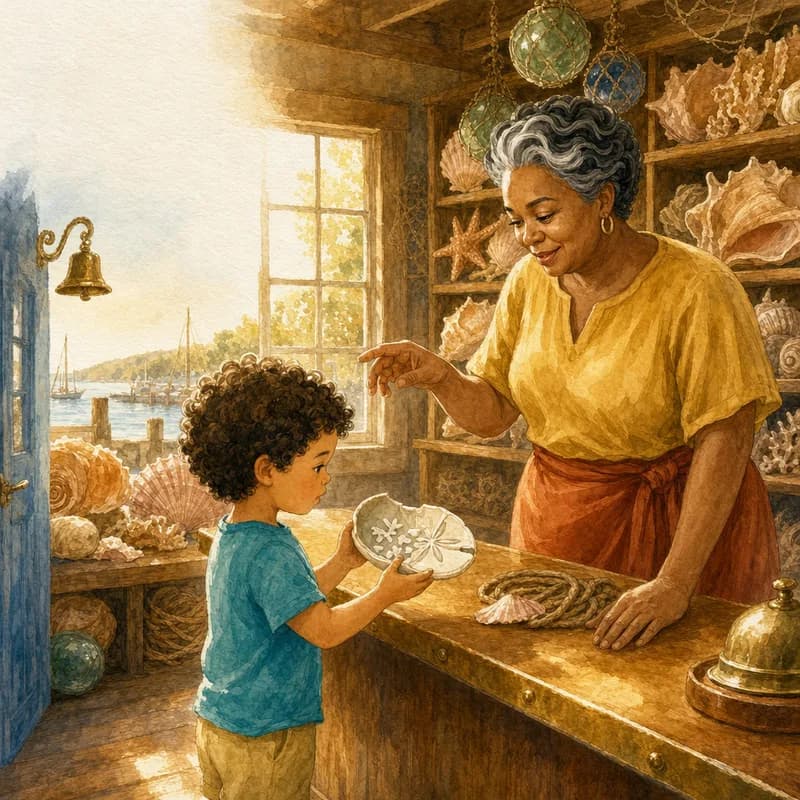 Mrs. Okoye holding up a finger as Theo cradles the half sand dollar with its five tiny dove shapes, glass floats hanging above the counter, watercolor illustration
