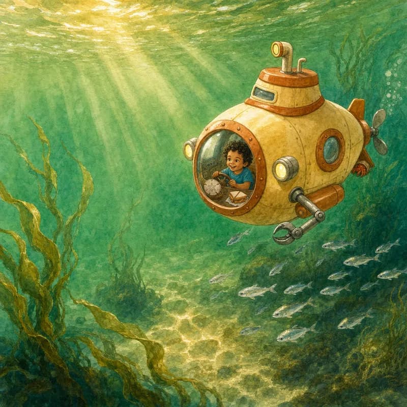Theo grinning at the wheel of Peanut, his little yellow submarine, as it dives through sunlit green water past a school of silver fish, watercolor illustration