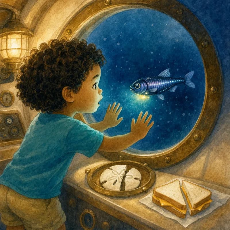 Theo pressing both hands to the porthole as Sprat the lanternfish glows hello from the dark blue water, the sand dollar and cheese sandwich on the console, watercolor illustration