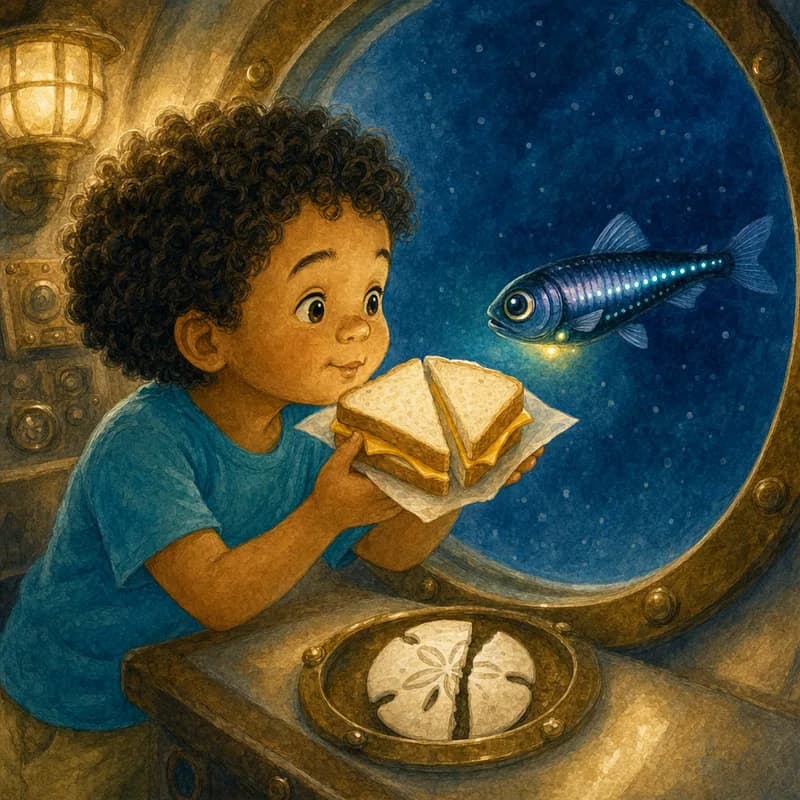 Close-up of Theo holding his cheese sandwich up to the porthole while Sprat peers at it politely, watercolor illustration