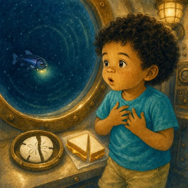 Theo pressing his hands to his chest as a slow, huge thump sounds through the water and Sprat's light goes small outside the porthole, watercolor illustration