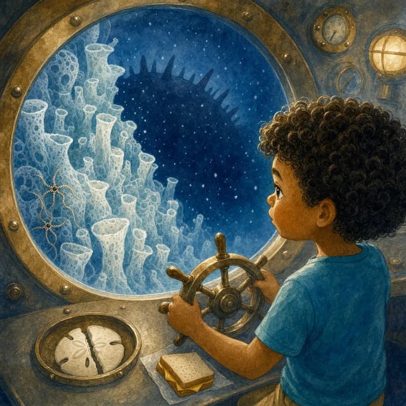 Theo gripping Peanut's wheel before a cliff of pale glass sponges as something big and spiky moves in the darkness beyond, watercolor illustration
