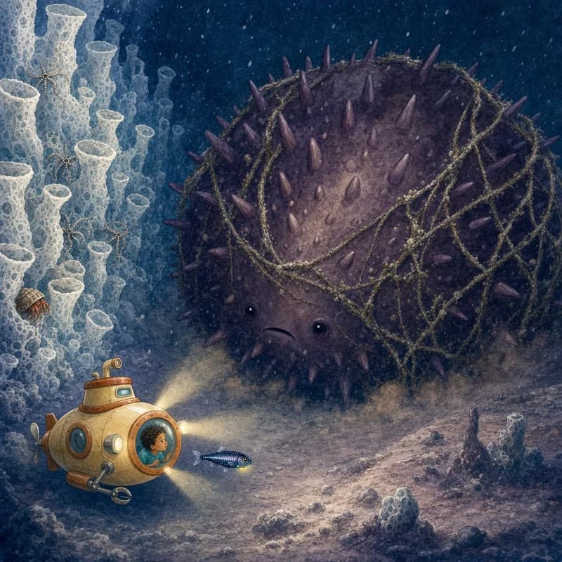 The giant spiny creature tangled in an old rope net looming over little Peanut and Sprat on the deep sea floor, watercolor illustration