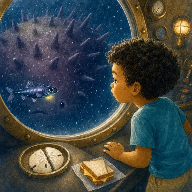 Theo and Sprat looking through the porthole at the huge unlit creature's sad face in the dark water, watercolor illustration