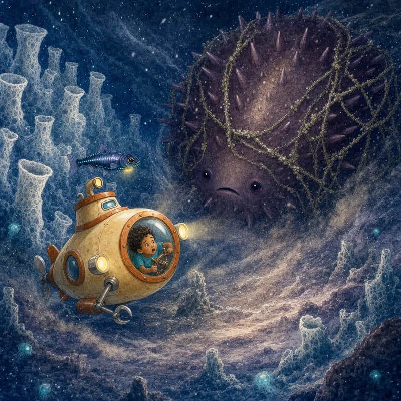 Peanut shoved sideways in a cloud of stirred-up water as the tangled creature thrashes above the sponge valley, watercolor illustration