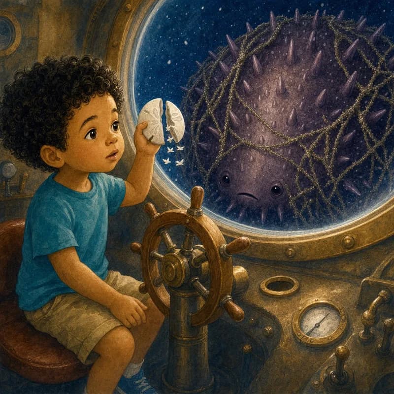 Theo sitting very still at the wheel, holding up the half sand dollar and clicking it slowly while the netted giant listens outside the window, watercolor illustration