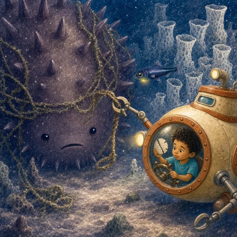 Theo steering Peanut's little claw arm to lift the old rope off the creature's spines, one loop at a time, watercolor illustration