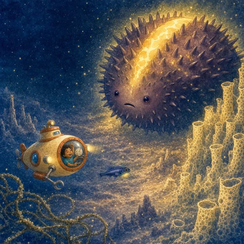 The freed creature rising like a hill as its golden lantern stripe lights up, Theo cheering at the wheel of Peanut below, watercolor illustration