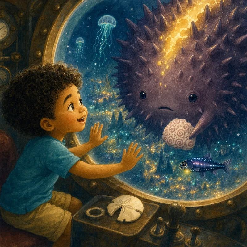 Theo pressing his hands to the glass as the glowing creature offers a curl-patterned piece of coral and lights answer all across the valley, watercolor illustration