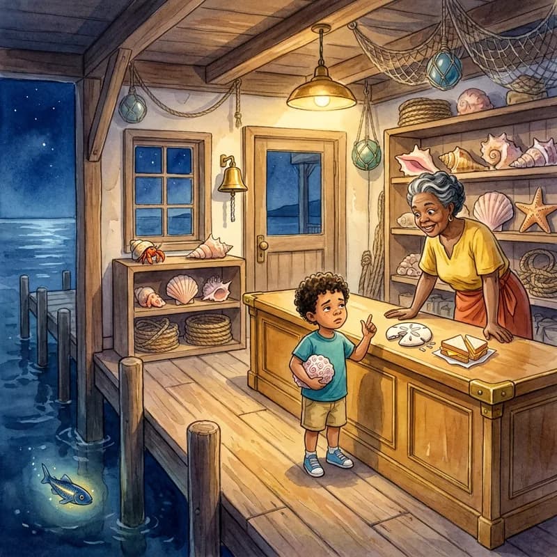 Theo back in the lamplit shell shop laying the sand dollar on the counter for Mrs. Okoye, Sprat's glow circling in the harbour water below the dock, watercolor illustration